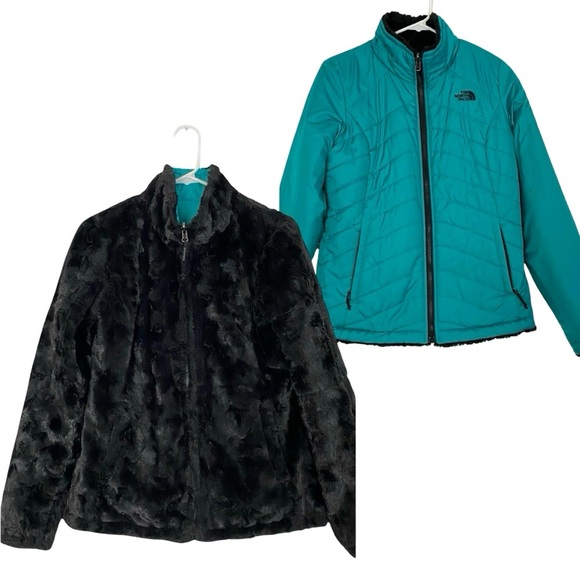 The North Face Reversible Jacket Womens Size Small Puffer Faux Fur Black Teal - Picture 1 of 16